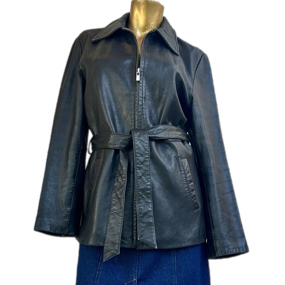 Y2K Vintage Nine West Black Genuine Leather Belted Jacket Zip Front | Size M